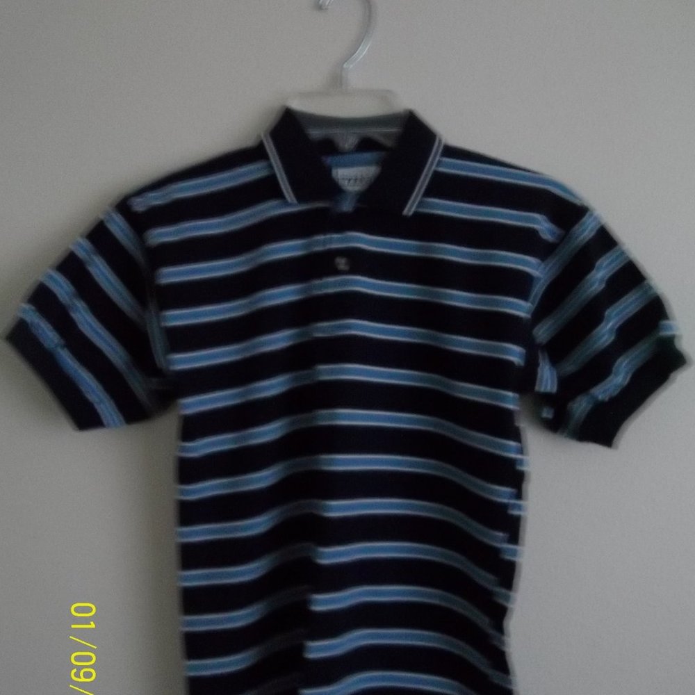 basic IMAGE Boys Size M 10/12 Short Sleeved Polo Shirt Blue/White Stripe